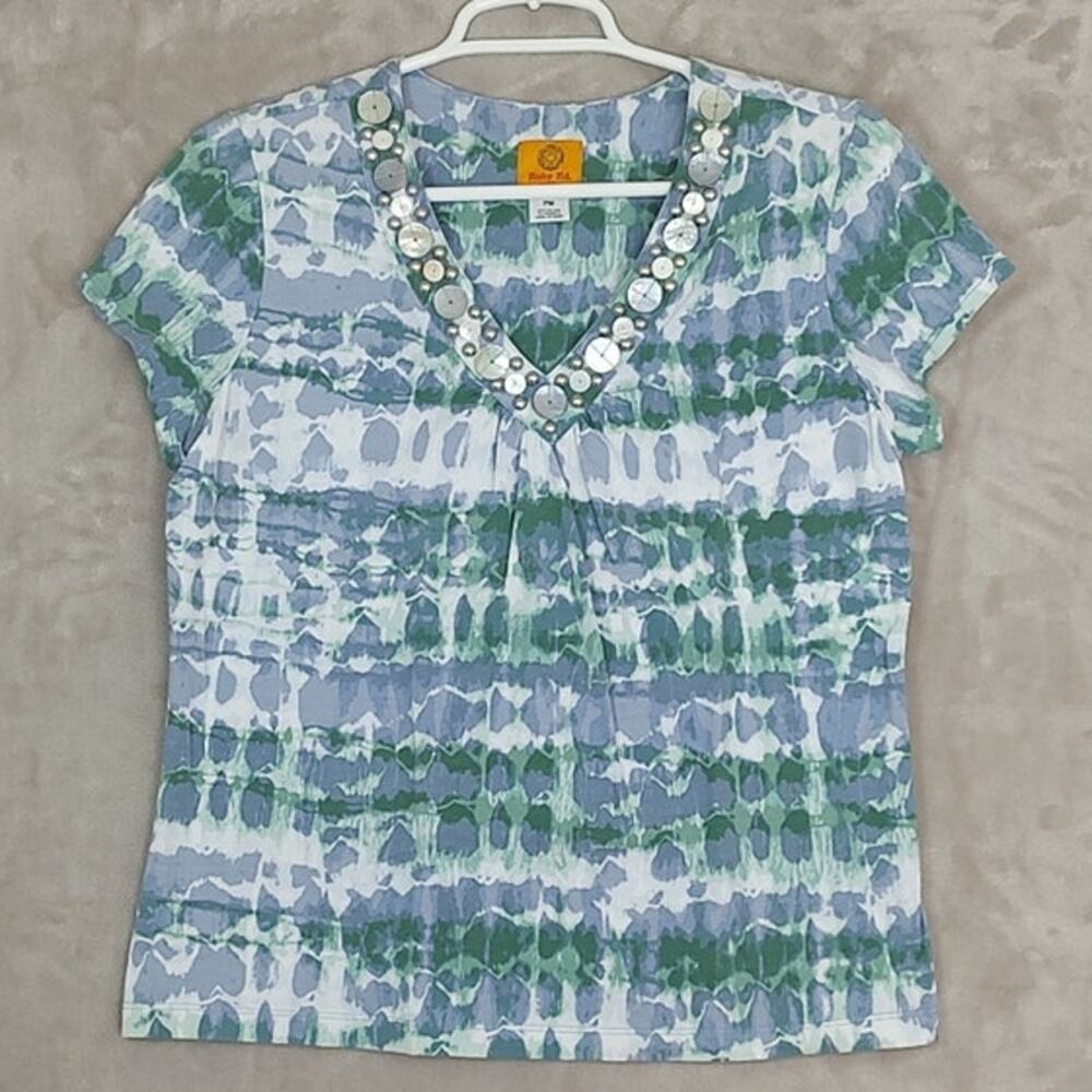 Ruby Rd Petite Medium Tie Dye Top Blue Green Embellished Sequin Stud V-Neck